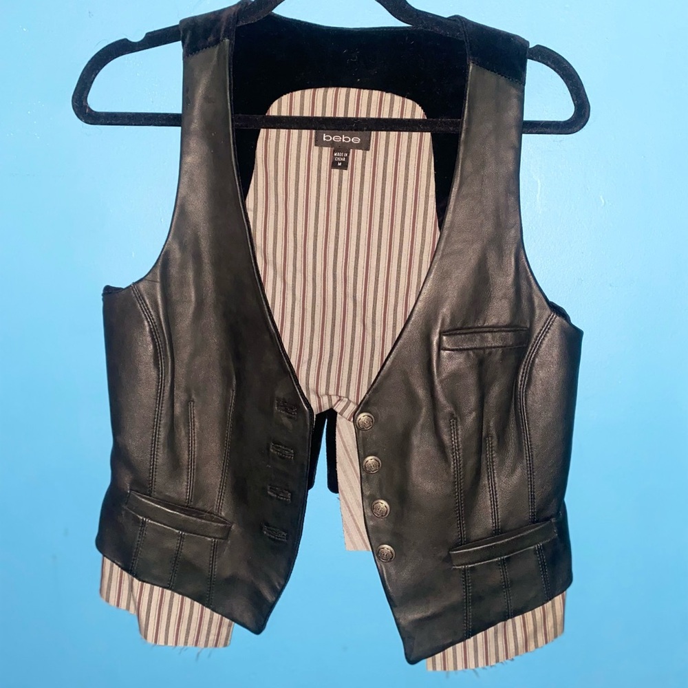 Vintage 90s Bebe Genuine Black Leather Hendrix Vest